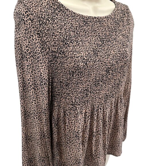Urban Romantics Women Brown Smocked Leopard Print Long Sleeve Peplum Blouse S - Picture 3 of 7